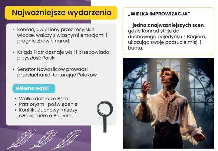 Konrad w "Wielkiej Improwizacji" z "Dziadów cz. 3" przeżywa duchowy pojedynek z Bogiem, ukazując mesjanizm i bunt.