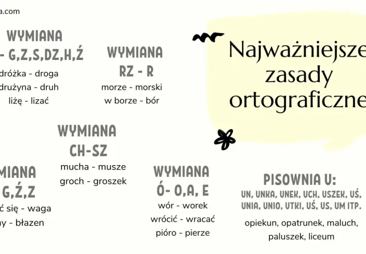 Najważniejsze zasady ortograficzne: wymiana rz po spółgłoskach, ch-sz, h-g,ź,z, ó-o,a,e. Pisownia u.