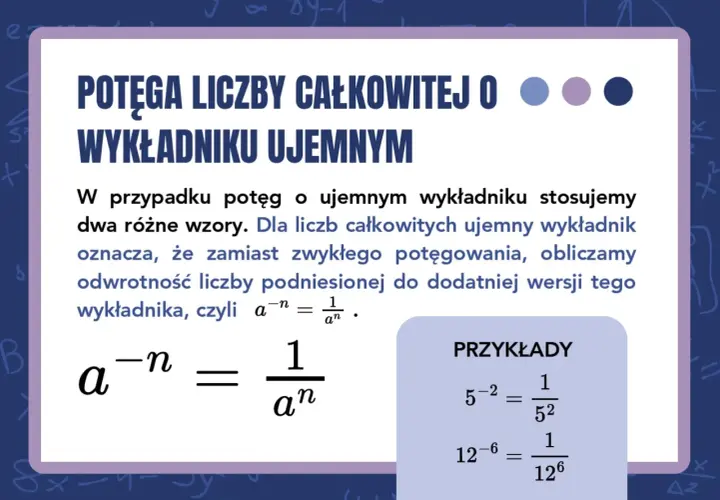Własności potęg: potęga liczby całkowitej o wykładniku ujemnym. Wzór a⁻ⁿ = 1/aⁿ i przykłady.