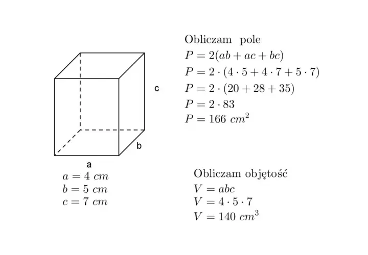 Ilustracja przedstawia prostopadłościan z wymiarami a=4cm, b=5cm, c=7cm. Obok znajduje się wzór na pole i objętość prostopadłościanu wraz z obliczeniami.