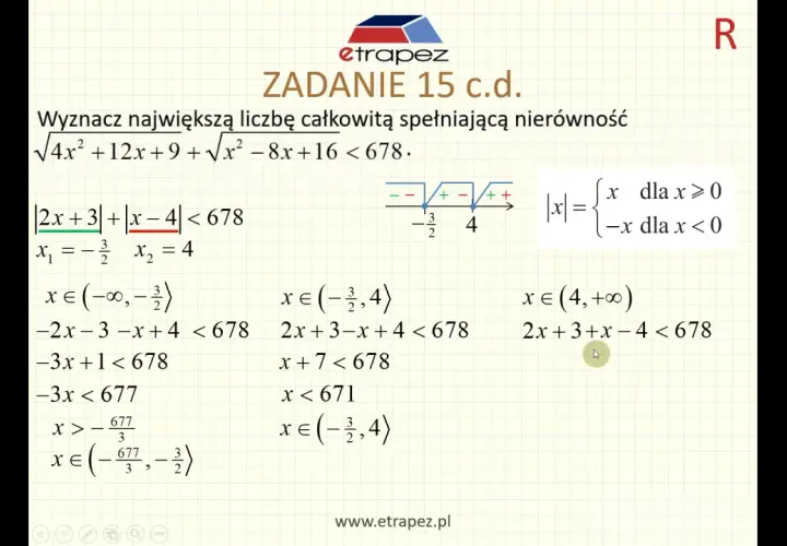 Rozwiązanie nierówności z wartością bezwzględną. Pokazano rozbicie na przedziały i obliczenia.