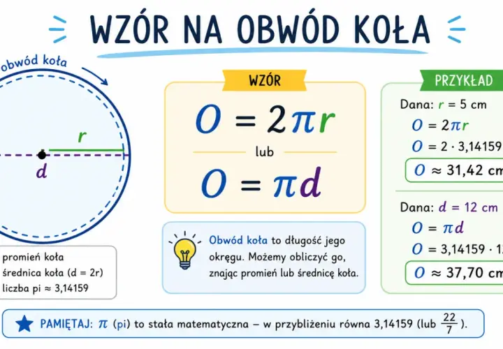 Wzór na obwód koła: O = 2πr lub O = πd. Przykład obliczenia obwodu koła o promieniu 5 cm.