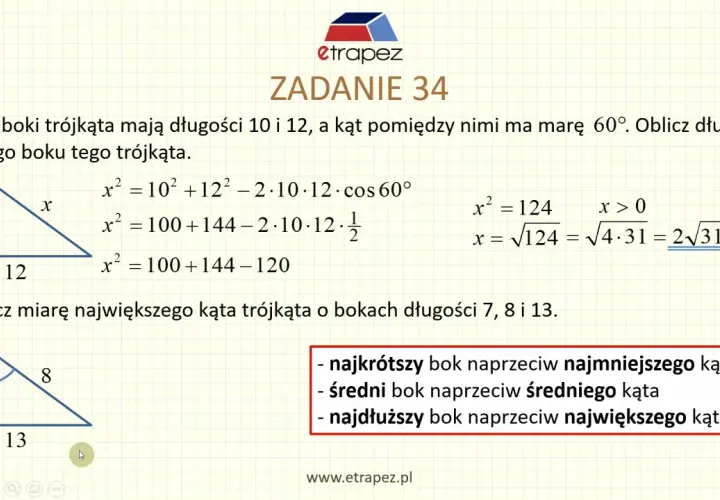 Zadanie 34: Obliczanie boku trójkąta z twierdzenia cosinusów. Przykład a) pokazuje obliczenie boku x.