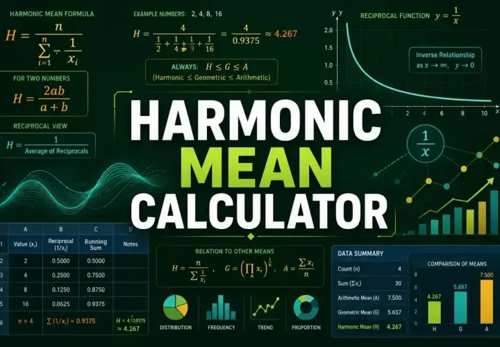 Kalkulator średniej harmonicznej pokazuje jej wzór i zastosowanie. Wartość 4.267 to średnia harmoniczna.