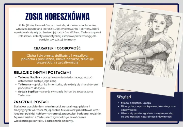 Zosia Horeszkówna, jedna z głównych panien w "Panu Tadeuszu", uosabia niewinność i piękno. Jej postać stanowi kontrast dla Telimeny.