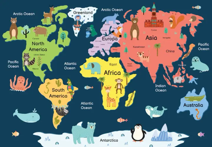 Ilustracja pokazuje, ile kontynentów jest na świecie: Amerykę Północną, Południową, Europę, Afrykę, Azję, Australię i Antarktydę.