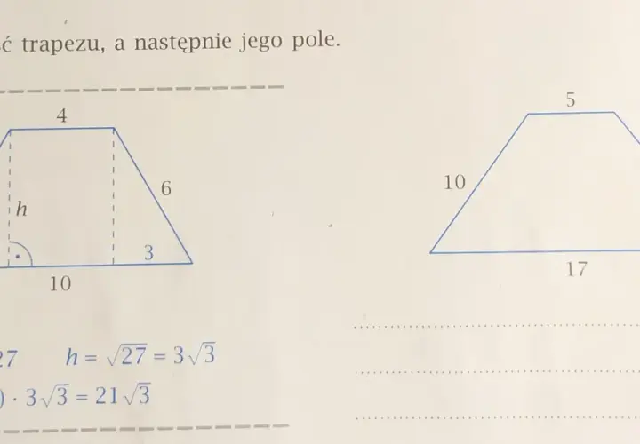 Obliczenia pokazują wzór na wysokość trapezu, gdzie h = 3√3. Obok przykład z innymi wymiarami.