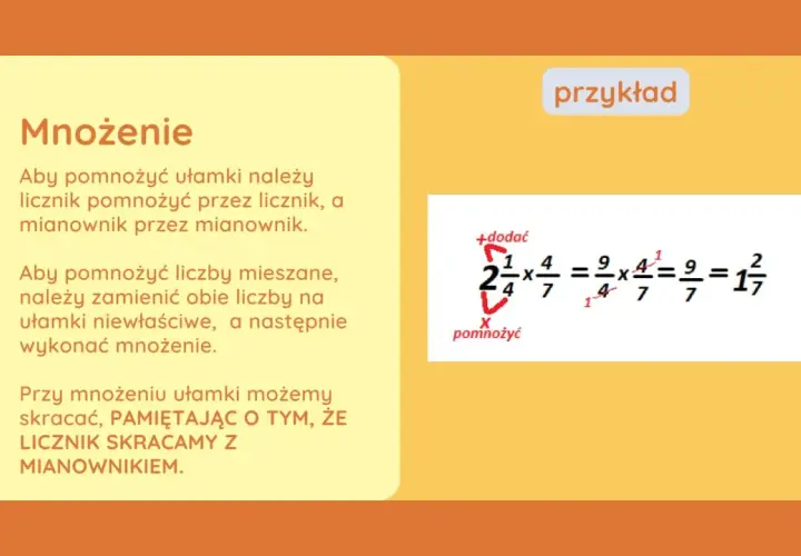 Przykład mnożenia ułamków dziesiętnych: 2 i 1/4 x 4/7 = 9/4 x 4/7 = 9/7 = 1 i 2/7.