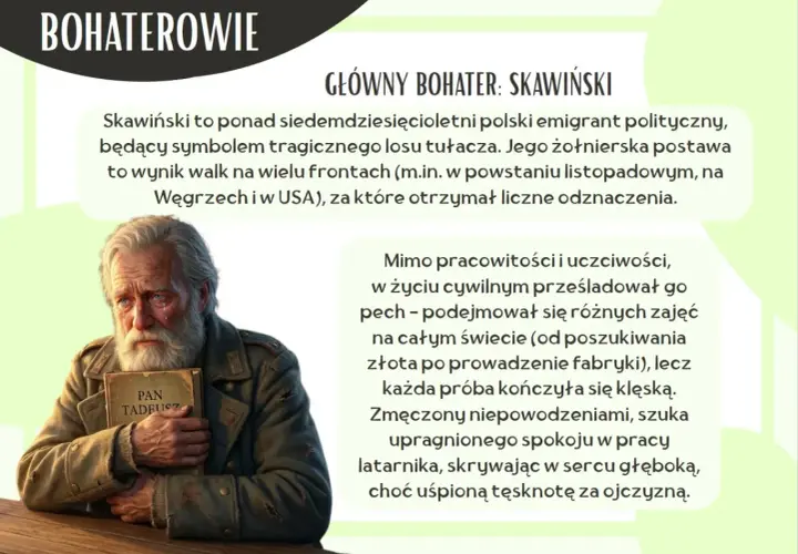 Siedemdziesięcioletni Skawiński, tułacz i żołnierz, szuka spokoju w pracy latarnika, skrywając tęsknotę za ojczyzną.