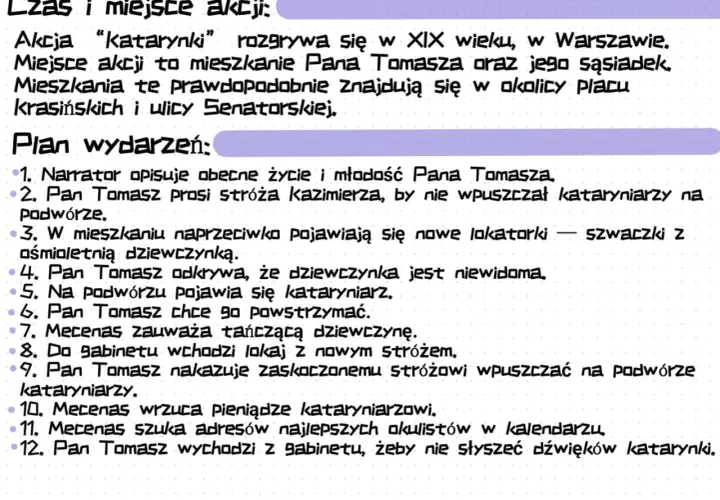 Katarynka streszczenie: XIX-wieczna Warszawa, mieszkanie Pana Tomasza. Plan wydarzeń obejmuje przybycie nowych lokatorek i niewidomej dziewczynki, a także pojawienie się kataryniarzy.