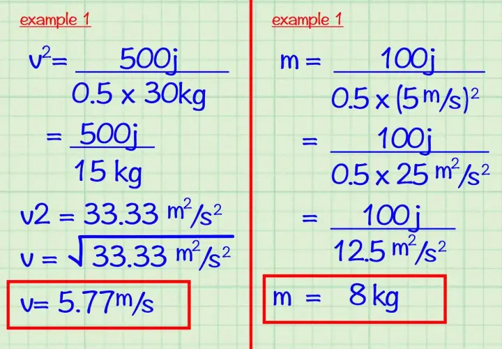 Przykłady obliczeń wzoru na energię kinetyczną: wyznaczanie prędkości (v=5.77m/s) i masy (m=8kg).