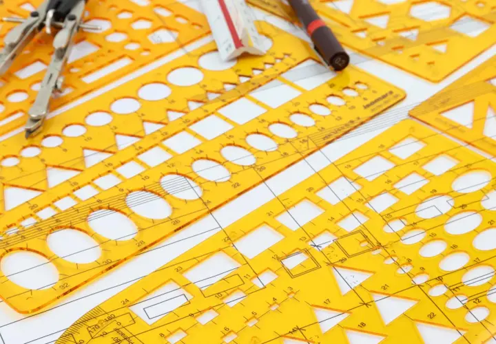 Żółte przyrządy kreślarskie, cyrkiel i linijka tworzą kompozycję do rysunku technicznego, gdzie wymiarowanie jest kluczowe.