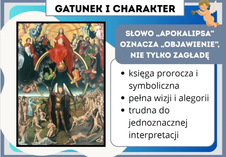 Obraz przedstawia scenę Sądu Ostatecznego, kluczowy element apokalipsy św. Jana. To streszczenie wizji końca świata, pełne symboliki.