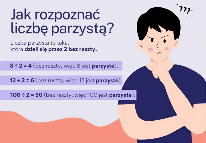 Chłopak zastanawia się, jak rozpoznać liczby parzyste. Przykład: 8 ÷ 2 = 4 (bez reszty).