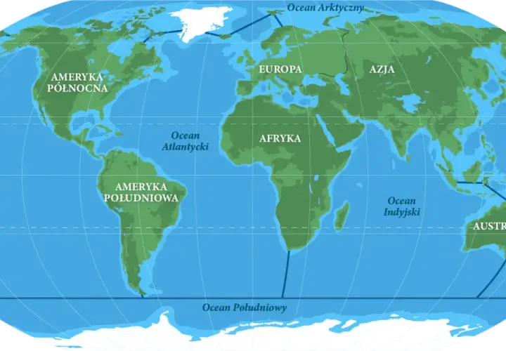 Mapa świata z zaznaczonymi kontynentami i oceanami. Pokazuje, czym się różni morze od oceanu, ukazując ich rozległość i położenie.