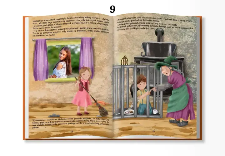 Ilustracja z baśni: Baba Jaga wtrąca Jasia do klatki, a Małgosia sprząta.