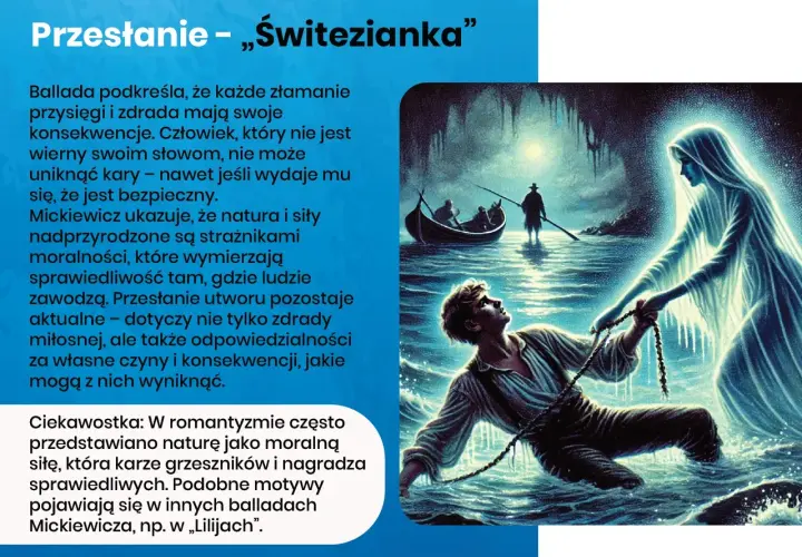 Mężczyzna w wodzie, wciągany przez świetlistą postać, nawiązanie do ballady "Świtezianka". W tle łódź.