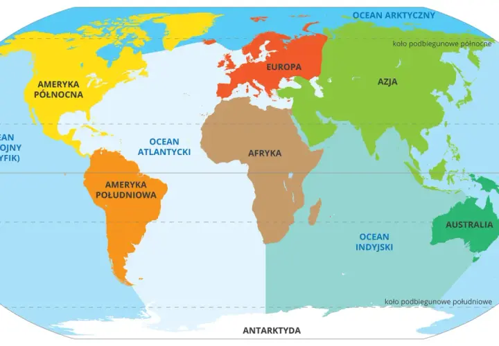 Kolorowa mapa świata z zaznaczonymi kontynentami: Ameryka Północna, Ameryka Południowa, Europa, Afryka, Azja, Australia i Antarktyda.