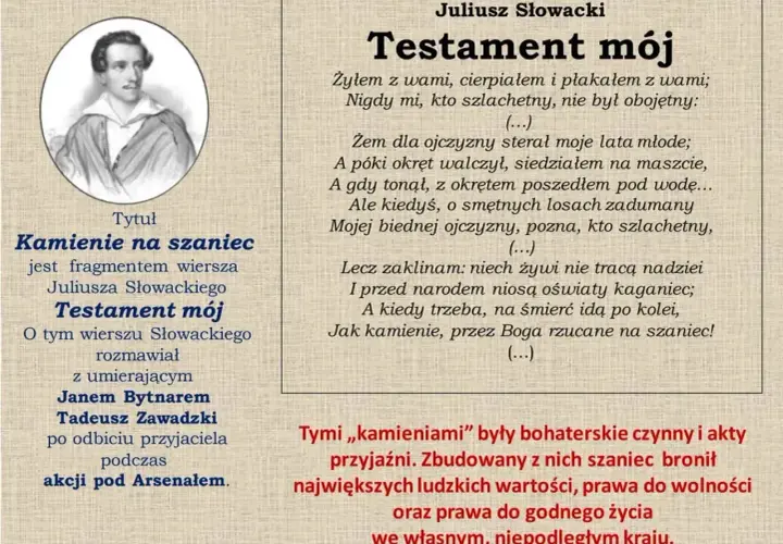 Portret Juliusza Słowackiego i fragment jego wiersza "Testament mój", który stanowi streszczenie "Kamieni na szaniec".