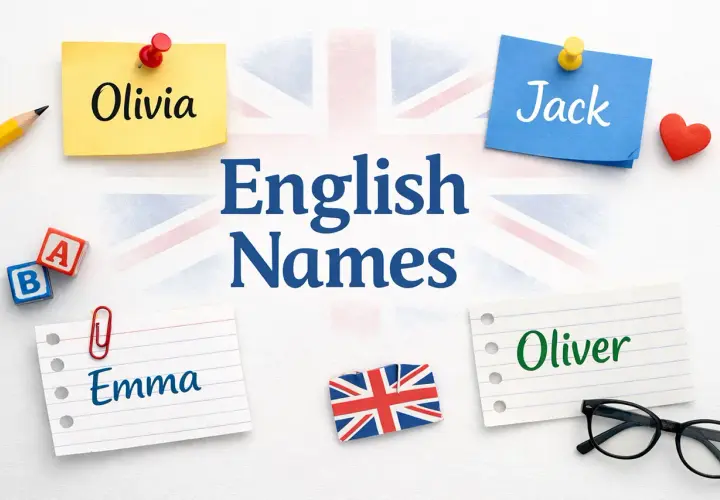 Olivia, Jack, Emma, Oliver – popularne angielskie imiona na karteczkach.