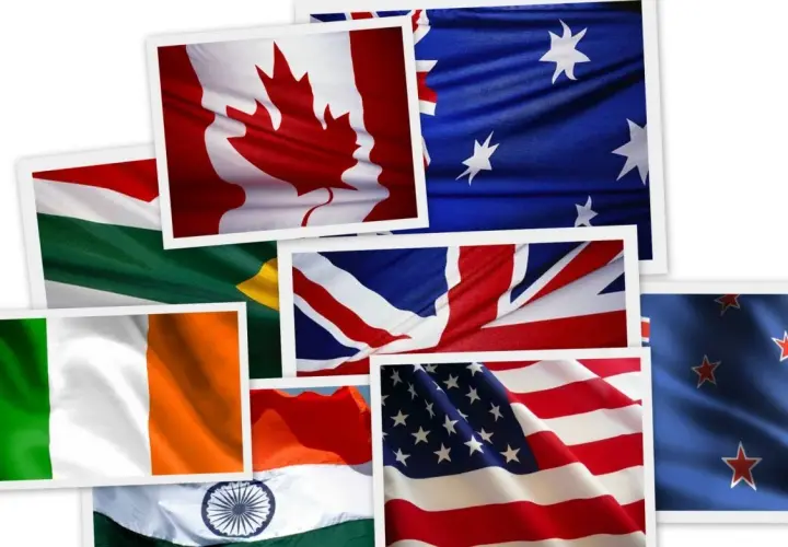 Flagi Kanady, Australii, USA, Wielkiej Brytanii, Irlandii, Nowej Zelandii i Indii. Kolekcja zdjęć prezentująca kraje anglojęzyczne.