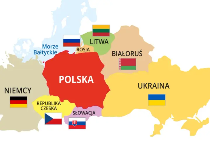 Mapa pokazuje Polskę i jej sąsiedzi: Niemcy, Czechy, Słowacja, Ukraina, Białoruś, Litwa i Rosja.