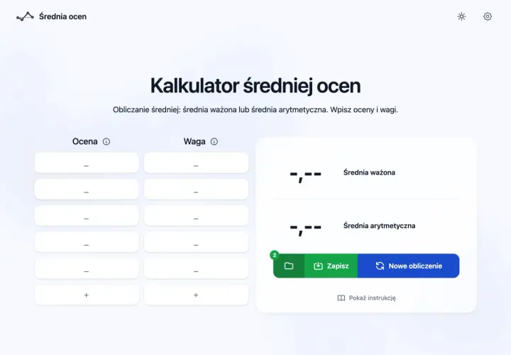 Kalkulator średniej ocen pozwala obliczyć średnią ważoną lub arytmetyczną. Wpisz oceny i wagi.