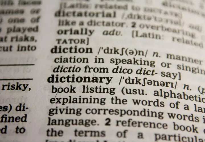 Słownik wyjaśnia słowo "dictionary" jako książkę z alfabetycznym spisem słów i ich znaczeń.