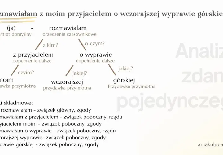 Analiza zdania pojedynczego: "Rozmawiałam z moim przyjacielem o wczorajszej wyprawie górskiej.