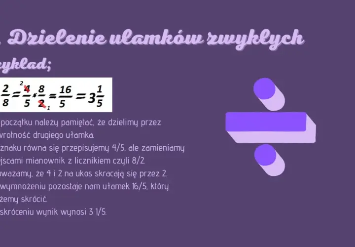 Przykład dzielenia ułamków zwykłych: 4/5 : 2/8 = 16/5 = 3 1/5. Objaśnienie krok po kroku.