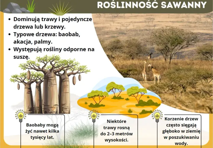 Roślinność sawanny: trawy, baobaby, akacje, palmy. Długie korzenie drzew i wysokie trawy to adaptacje do suchych warunków.
