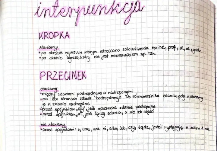 Interpunkcja: kropka po skrótach, przecinek między zdaniami, przed "czy" i "a", ale nie przed spójnikami jak "i", "oraz", "ani", "ni", "albo", "lub", "czy", "bądź", "jeżeli".