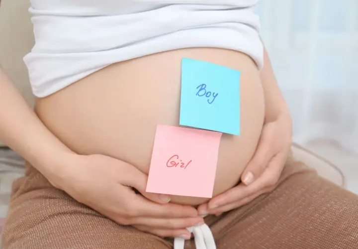 Brzuszek ciężarnej z karteczkami "Boy" i "Girl". Czekamy na decyzję, kto do nas dołączy.