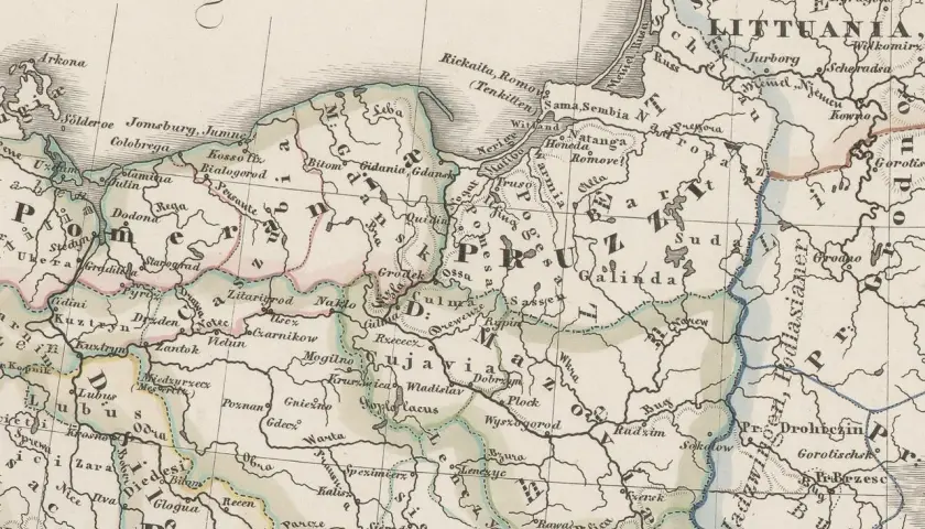 Mapa Europy Środkowej z zaznaczonymi miastami i rzekami. Widoczna zasada senioratu w nazwach miejscowości.