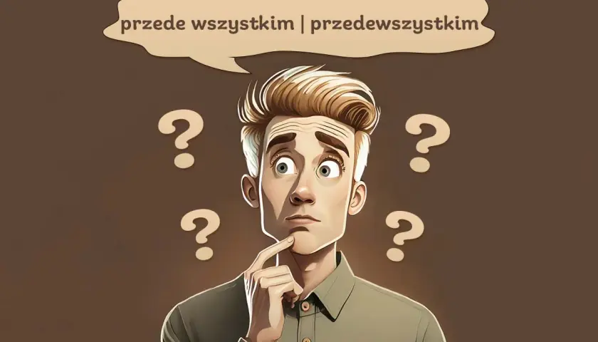 Zastanawiający się mężczyzna otoczony znakami zapytania. Czy powinniśmy działać przedewszystkim razem czy osobno?