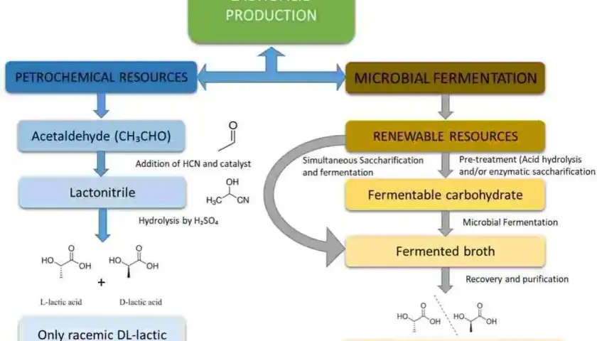 Schemat przedstawia produkcję kwasu mlekowego. Po lewej ścieżka petrochemiczna, po prawej fermentacja mlekowa z zasobów odnawialnych.