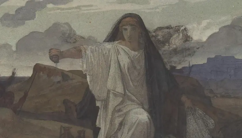 Antygona, symbol praw boskich w konflikcie z prawami ludzkimi, w dramatycznej scenie.