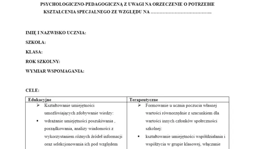 Plan pracy edukacyjno-terapeutycznej ucznia, zawierający cele edukacyjne i terapeutyczne. Przykład oceny pracy nauczyciela wspomagającego.