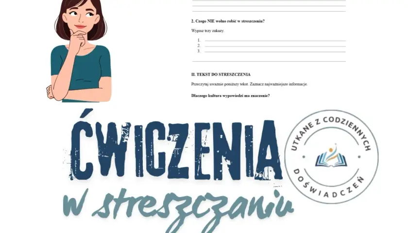 Dziewczyna myśli, jak napisać streszczenie. Ćwiczenia w streszczaniu tekstów.