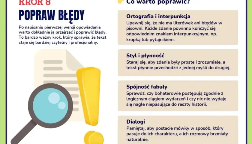 Krok 8: Popraw błędy w swoim opowiadaniu twórczym. Lupa i wykrzyknik symbolizują przegląd tekstu, by był czytelny i profesjonalny.