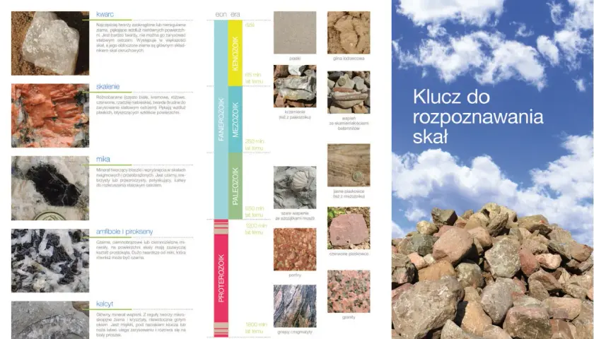 Skały magmowe: kwarc, skalenie, mika, amfibole i pirokseny, kalcyt. Obok przykłady skał osadowych i metamorficznych.
