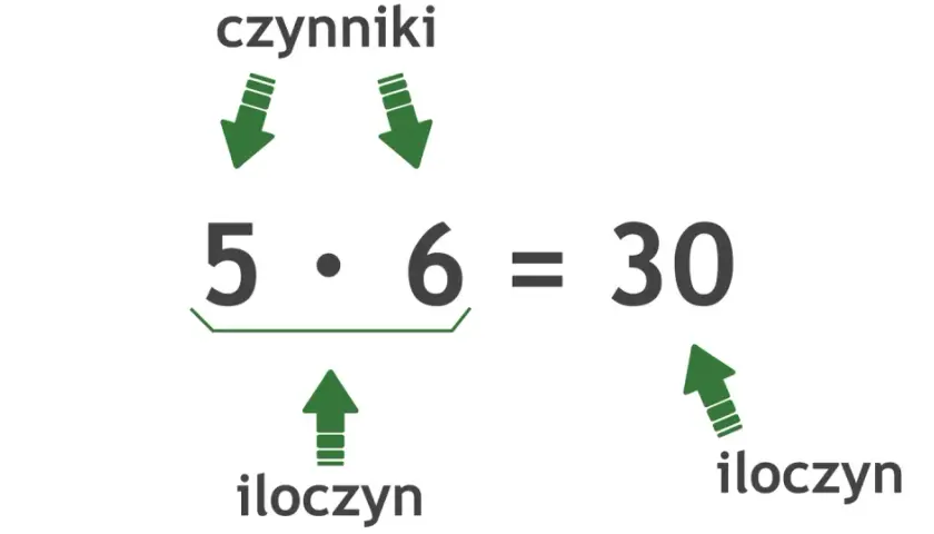 5 razy 6 równa się 30. Czynniki 5 i 6 dają iloczyn 30.
