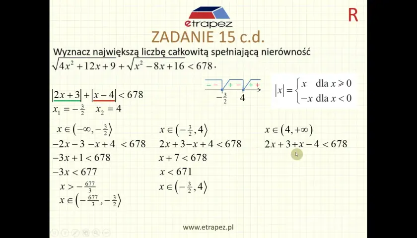 Rozwiązanie nierówności z wartością bezwzględną. Pokazano rozbicie na przedziały i obliczenia.