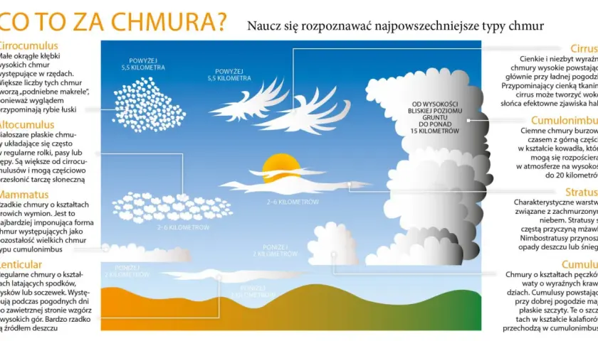 Ilustracja przedstawia różne rodzaje chmur, od wysokich cirrusów po burzowe cumulonimbusy, ukazując ich kształty i wysokości.