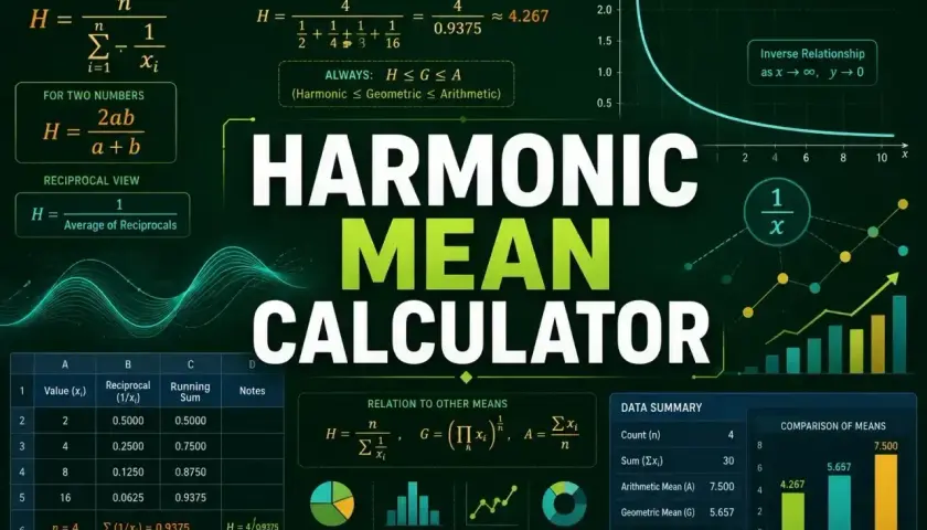 Kalkulator średniej harmonicznej pokazuje jej wzór i zastosowanie. Wartość 4.267 to średnia harmoniczna.
