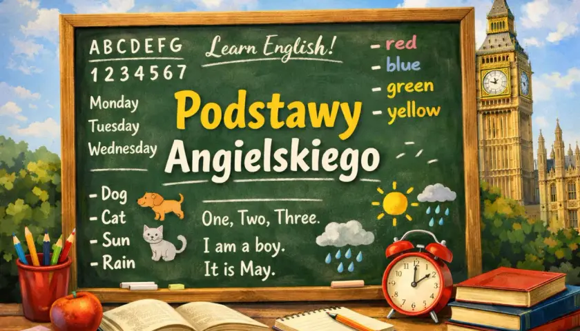 Tablica z napisem "Podstawy Angielskiego" i podstawowymi zwrotami. Idealna, by dowiedzieć się, od czego zacząć naukę języka angielskiego.