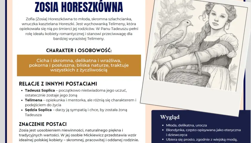 Zosia Horeszkówna, jedna z głównych panien w "Panu Tadeuszu", uosabia niewinność i piękno. Jej postać stanowi kontrast dla Telimeny.