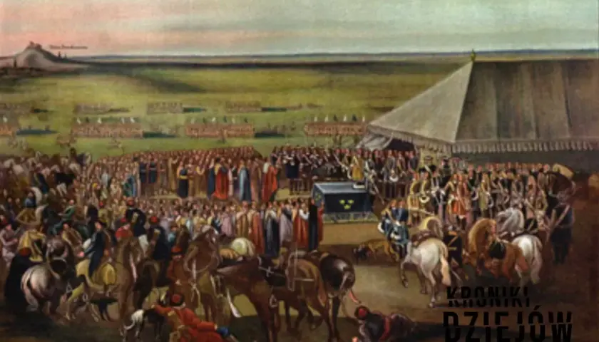 Wielka uroczystość na otwartym polu, tłumy ludzi i koni, namioty i wojsko w tle. Scena jak z epoki potopu, pełna historycznego rozmachu.