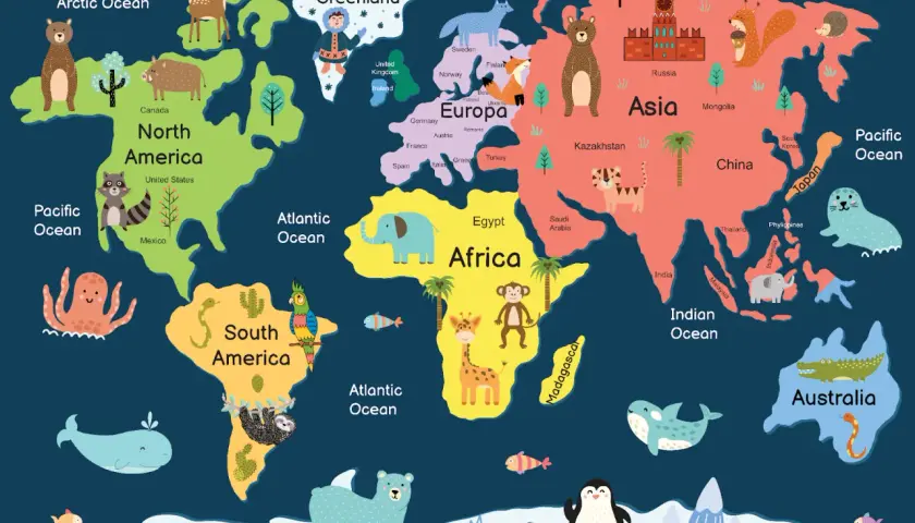Ilustracja pokazuje, ile kontynentów jest na świecie: Amerykę Północną, Południową, Europę, Afrykę, Azję, Australię i Antarktydę.