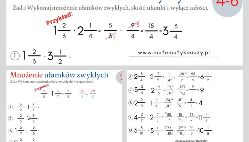 Przykłady i zadania z mnożenia ułamków zwykłych. Obliczanie, skracanie i wyłączanie całości.